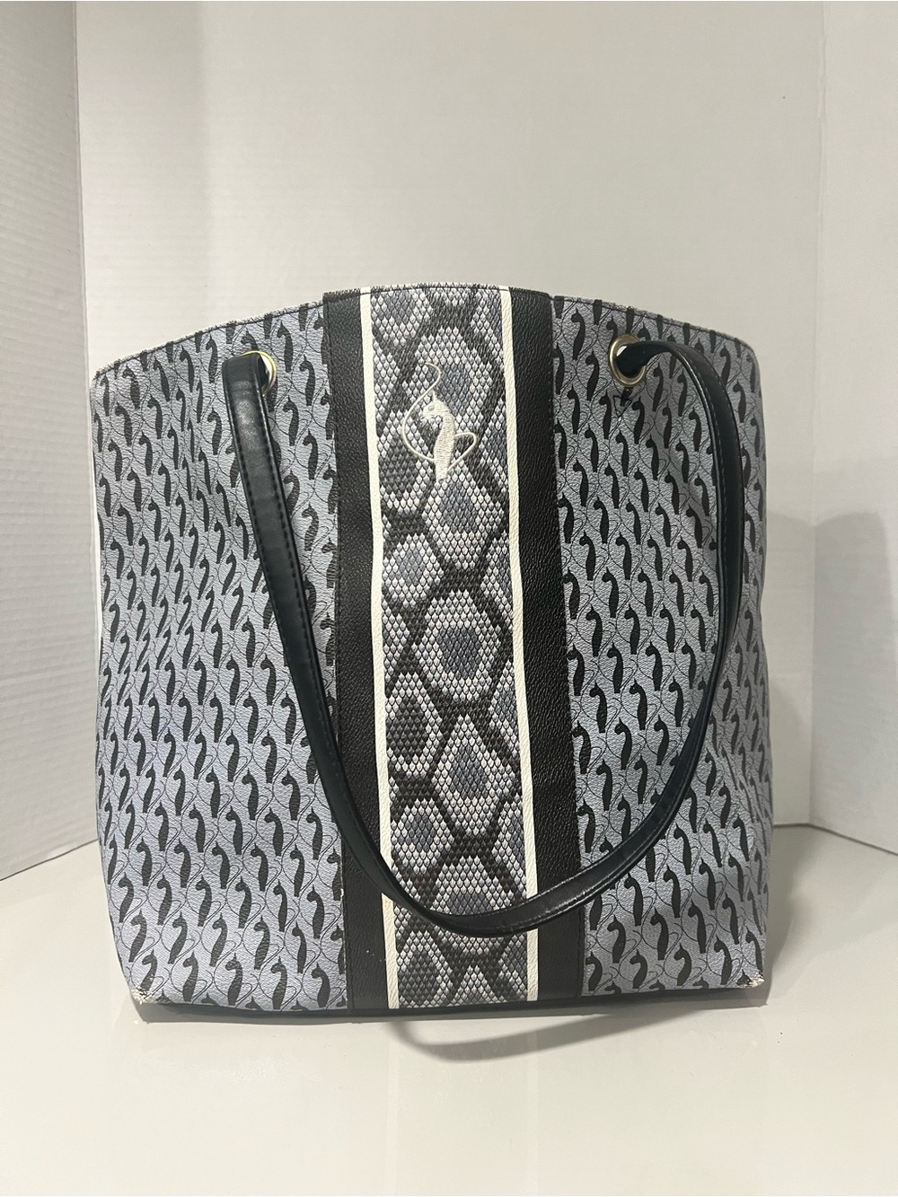 Vintage Y2K Baby Phat Blue Charcoal Monogram Faux Snakeskin Shoulder Tote